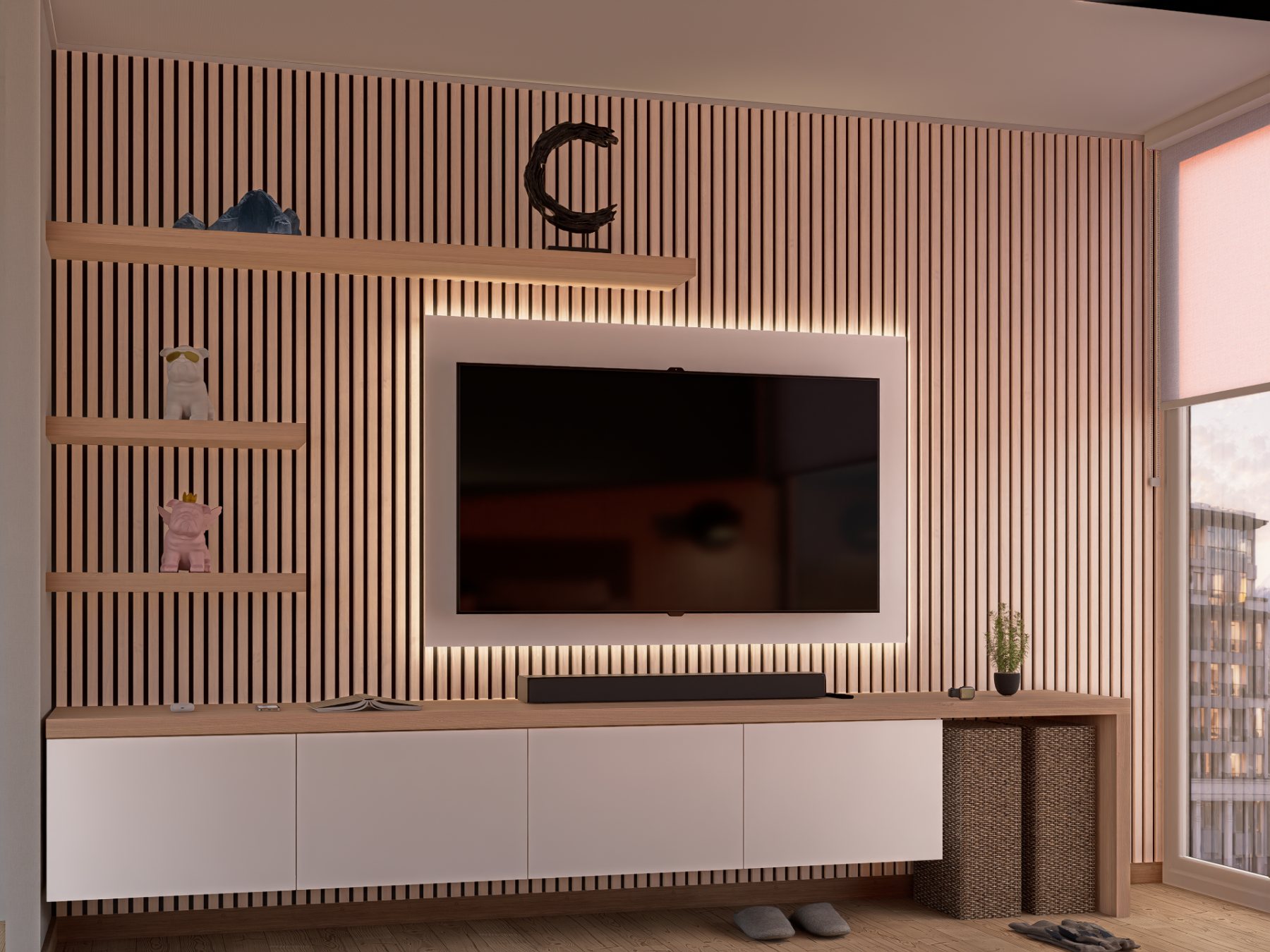 Mueble de TV a medida con muro de listones e iluminación indirecta