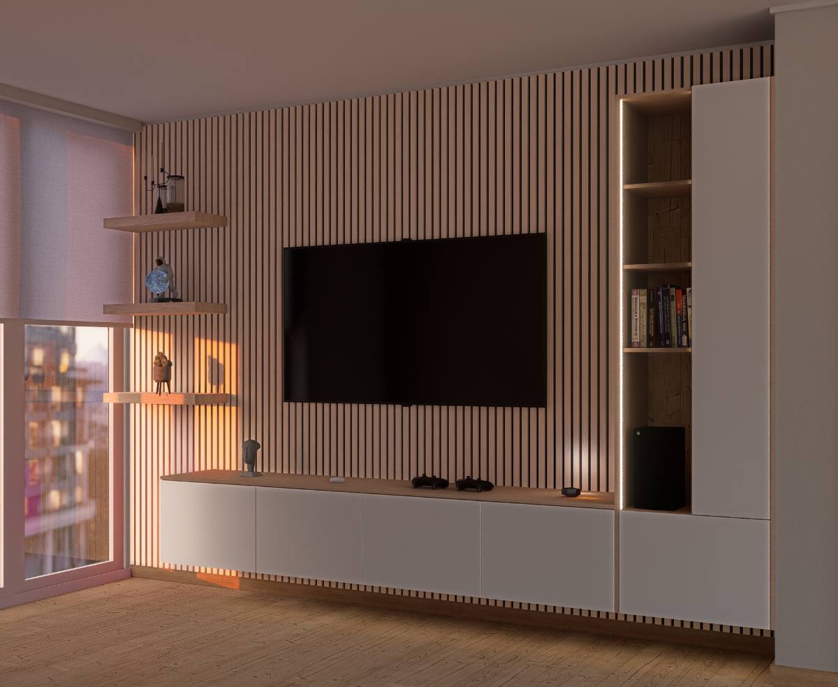 Render de sala de estar con mobiliario a medida